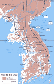 A map showing the Peninsula with US forces moving from the south to the north