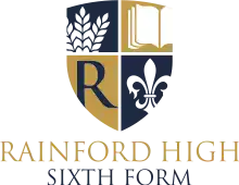 A blue version of the Rainford High Badge. Top left: A wheatsheaf, representing the village of Rainford. Top right: A book, representing learning and knowledge. Bottom left: The letter R, representing the school's name. Bottom right: A fleur-de-lis, representing togetherness and love. Text: Rainford High Sixth Form.