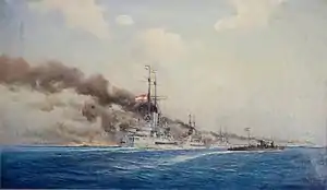 A painting depicting multiple battleships in a row shelling a coastline. Smoke can be seen coming out of both the land and the guns of each ship.