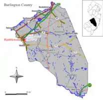 Location of Ramblewood in Burlington County highlighted in red (left). Inset map: Location of Burlington County in New Jersey highlighted in black (right).