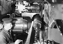 Leftward-opening breech of British 12-inch gun on HMAS Australia, 1918. This breech was locked by rotating counter-clockwise