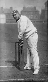 a cricketer standing in front of some stumps, preparing to hit the ball