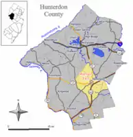 Location of Raritan Township in Hunterdon County highlighted in yellow (right). Inset map: Location of Hunterdon County in New Jersey highlighted in black (left).