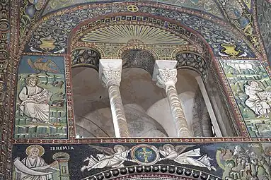 Byzantine rinceaux on a ceiling of Basilica of San Vitale, unknown architect or craftsman, begun in c.532 and consecrated in 548