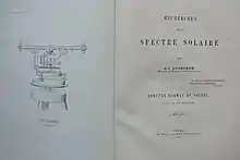 Two front pages laid out of the 1868 copy of "Recherches sur le spectre solaire" in black and white text