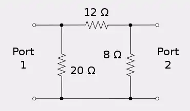 An asymmetrical attenuator in Pi formation with resistor values 20, 12 and 8 left to right