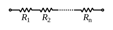 Circuit diagram of several resistors, labelled R1, R2 ... Rn, connected end to end