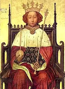 alt=King Richard II of England (1367–1400). This portrait of him famously is shown in Westminster Abbey, London, where Richard is buried. It is the work of an unknown master, and the date is usually given as about 1390. This painting is the earliest known portrait of an English monarch, according to the Abbey's website.