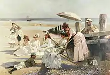 On the Shores of Bognor Regis by Alexander Rossi (artist). Seaside picnics near resort villages in England became accessible to the middle classes later in the Victorian era.