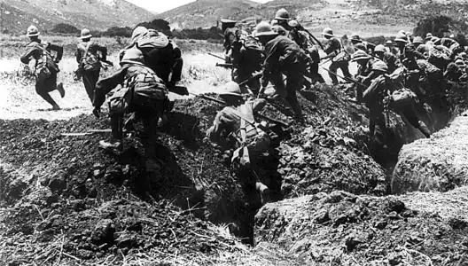 Photo by Ernest Brooks of the Infantry from the Royal Naval Division in training on the Greek island of Lemnos during the Battle of Gallipoli, 1915 → July 31, 1915, 2 (50): 550 (Australian War Memorial. Item No. G00309.)