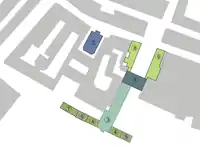 Layout of the palace ensemble in Wrocław: Central part (baroque, preserved)Royal Court churchSouth-West Wing (destroyed)South Wing (destroyed)Eastern pavilion (destroyed)Western pavilion (preserved)Kitchen Wing (preserved)North-West Wing (preserved)North-East Wing (preserved and extended after World War II)