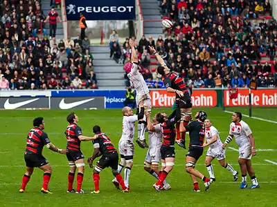 Image 20Line-outPhotograph: Pierre SelimA line-out at a rugby union match between Stade Toulousain and Lyon OU. When a player puts the ball out of the field of play, the opposing team is awarded a line-out; in the case of a penalty kick, the team that was awarded the penalty throws into the resulting line-out. A line-out is also awarded if a player in possession of the ball crosses or touches the touch-line while still in possession of the ball.More selected pictures