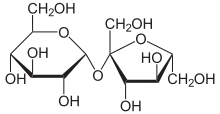 Sucrose is made up of a glucose monomer (left), and a fructose monomer (right).