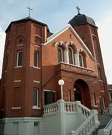 A cathedral with two Romanesque towers