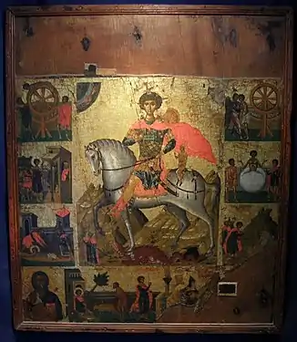 Greek icon of St George with the youth of Mytilene, 15th century, Pyrgos, Santorini.