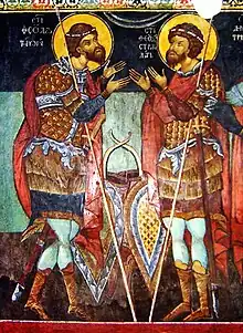 Theodore of Amasea (on the left) and Theodore Stratelates (on the right) - a fresco from Kremikovtsi Monastery, Bulgaria (16th century?)