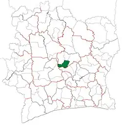 Location in Ivory Coast. Sakassou Department has retained the same boundaries since its creation in 1988.