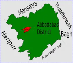 Location of Salhad Union Council (highlighted in red) within Abbottabad District, the names of neighbouring districts to Abbottabad are also shown