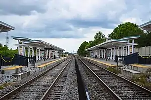 View down the tracks at the station