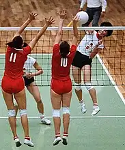 Sata Isobe spiking ball against Soviet Union National Team, 1964 Tokyo Olympics Women's Volleyball