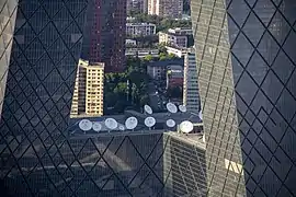 Satellite dishes above CCTV Headquarters.