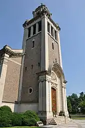 A church with a tall bell tower