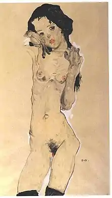 Figure of a young naked woman with one of her hands on her shoulder, the other, not fully drawn by the artist, touching her cheek with back of the hand.