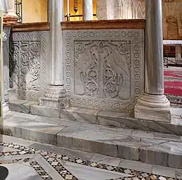 Byzantine rinceaux on a panel with peacocks, c.1100, marble, Church of Santa Maria Assunta, Torcello, Italy