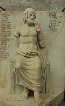 Statue of Euripides in front of titles of his works