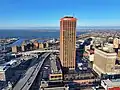 The tower from a drone with Lake Erie in the background, December 2023