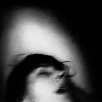 A blurry black and white photograph of a person's face.  The person occupies the lower portion of the photo facing upwards.  Their eyes are closed and their mouth is slightly open.