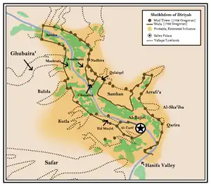 The historical city of Diriyah with estimated traditional extent of the sheikhdom