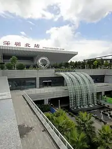 Looking across the waterfall feature on the east square.