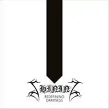 White background with large black rectangular shape in center with bottom edge pointed such that it resembles the end of a nail and pointing to the band's name "SHINING" in a nearly illegible font. Below the logo is the album's name written with the "Redefining" above "Darkness" in a sans-serif font.