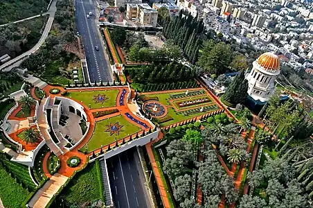 Aerial view of the bridge terrace behind the Shrine of the Báb