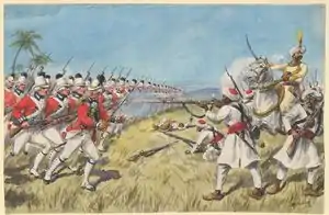 A British illustration of Sayed Sahib leading Hyder Ali's forces during the Siege of Cuddalore.