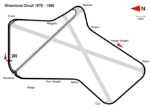 1975 to 1986: with the Woodcote Chicane in place to reduce speeds through Woodcote Corner. Track length: 4.718 km. Lap record: Keke Rosberg, Williams-Honda, 1:05.591 (1985 British Grand Prix).