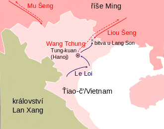 A schematic map of northern Vietnam showing the Lê Lợi campaign from the south to the Red River Delta, along the river to Hanoi, and northeast to the border where it clashed with the incoming Ming army. It also marks the progress of another Ming army from the northwest to the Sino-Vietnamese border and its return after the mentioned battle, as well as the retreat of the Ming garrison from Hanoi.