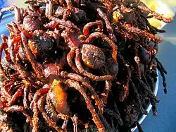 Fried spiders for sale at the market in Skuon, Cheung Prey