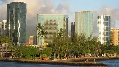 Skyline panorama from Kaka'ako Waterfront Park