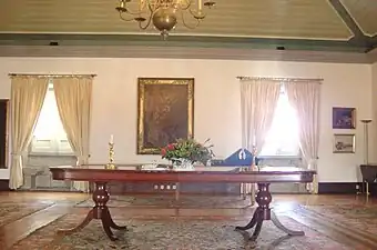 The elegant wood table in the noble hall