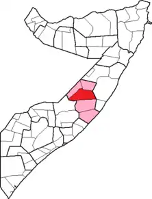 Location of Dusmareb Districtwithin the Galguduud region.