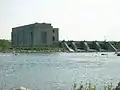 US Army Corps of Engineers hydroelectric plant seen from across the St. Marys Rapids