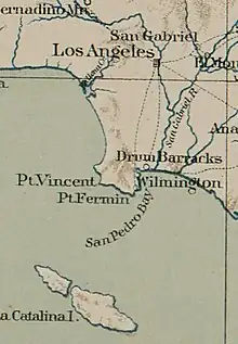 Beige and blue topographic map showing Los Angeles basin