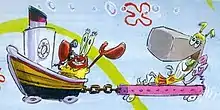 A painting of Mr. Krabs and Pearl talking to each other on the telephone while traveling on their caravan boat