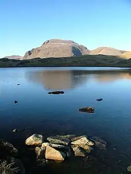 An upland lake with a mountain beyond