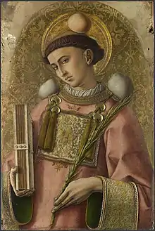 Saint Stephen, 1476, with three stones and the martyrs' palm