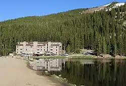 The Silver Lake Condos, with part of Silver Lake on the right, June 2021