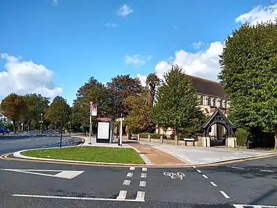 St Stephen's Parish Church, Bush Hill Park; the luchgate seen from Park Avenue