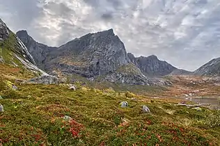 The eastfaces of Stabben, Stortinden and Moltinden in the island of Flakstadøya